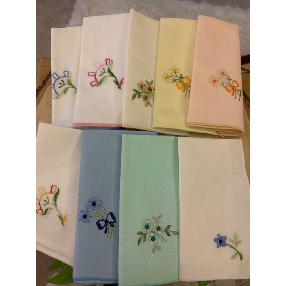 None Accessories - Vintage Embroidered Hankies Lot of 9 Floral Pastel Hankies Cottagecore Bridal